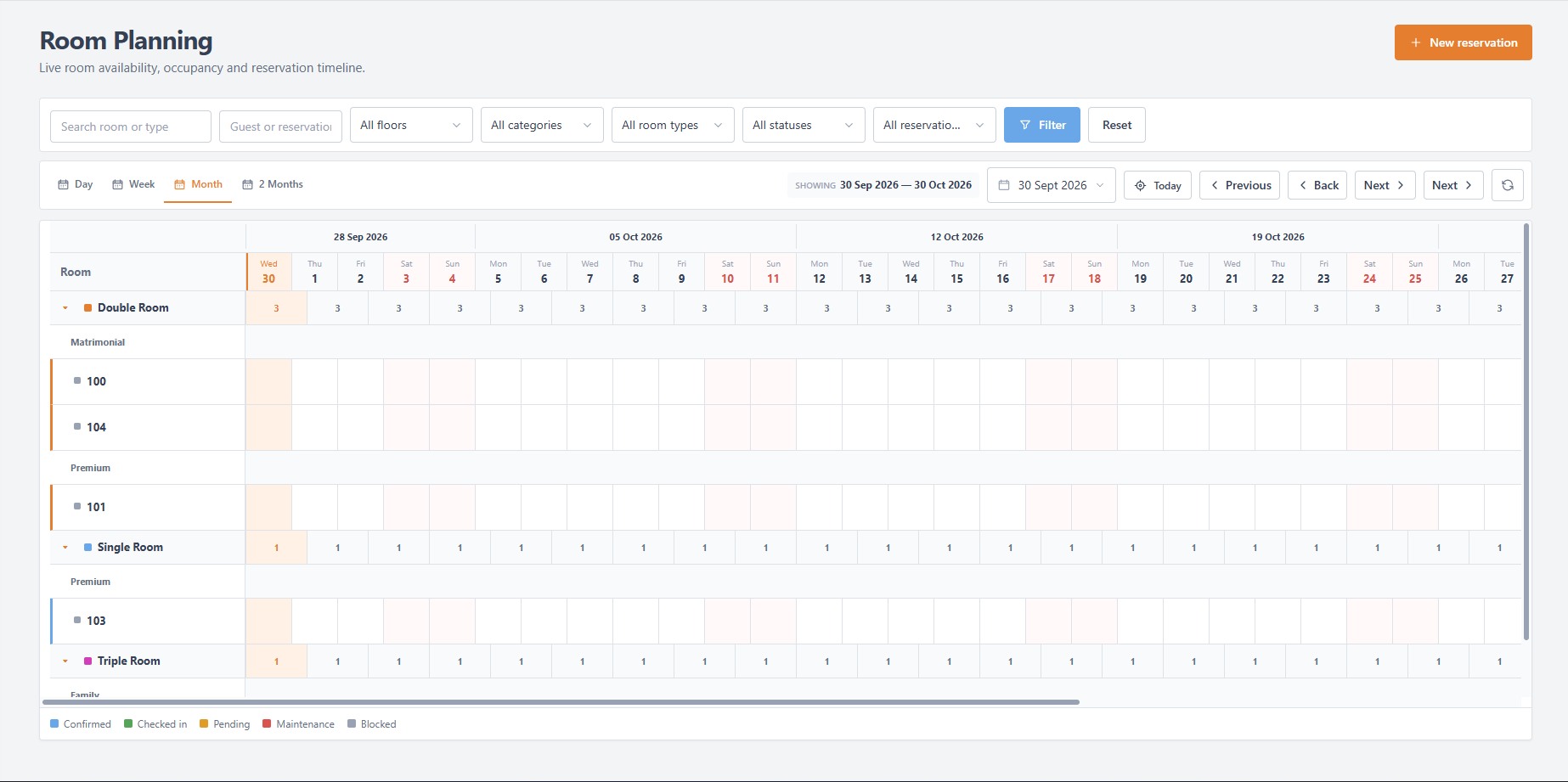 Lodgix room planning calendar showing room assignments and dates.