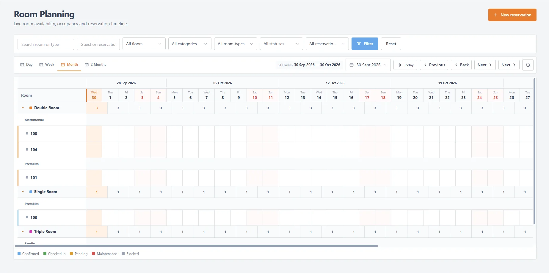 Sanitized Lodgix room planning calendar and room operations screen.